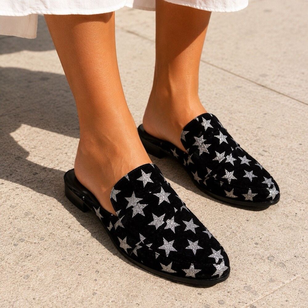Rebecca Minkoff Star Print Mule Womens 5 Black Suede Pointed Toe Slip On Boho - Picture 10 of 10